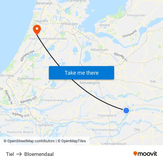 Tiel to Bloemendaal map