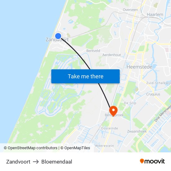 Zandvoort to Bloemendaal map