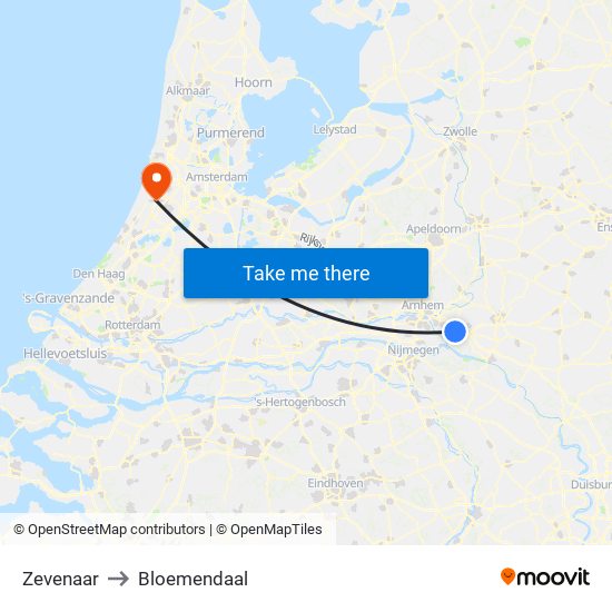 Zevenaar to Bloemendaal map