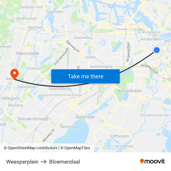 Weesperplein to Bloemendaal map