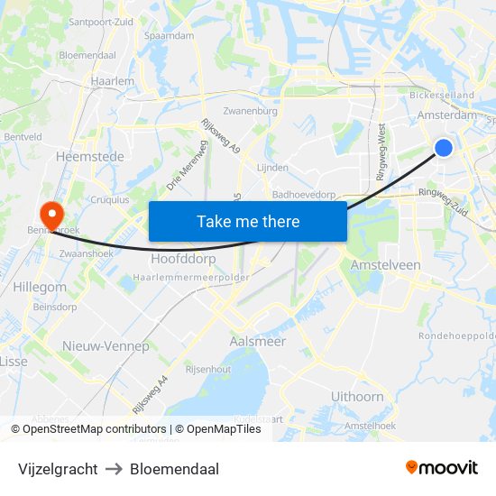 Vijzelgracht to Bloemendaal map