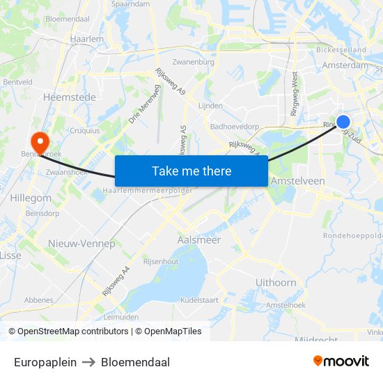 Europaplein to Bloemendaal map