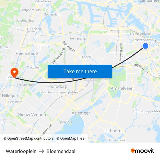 Waterlooplein to Bloemendaal map