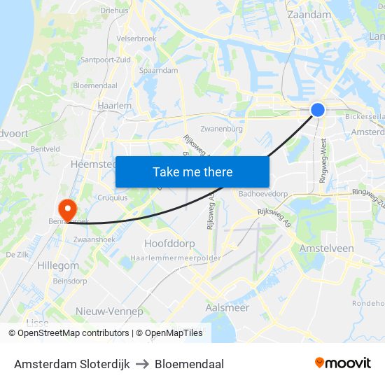 Amsterdam Sloterdijk to Bloemendaal map