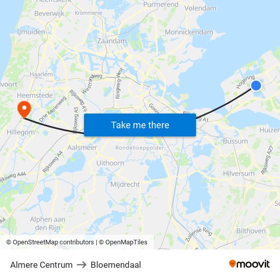 Almere Centrum to Bloemendaal map