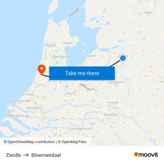 Zwolle to Bloemendaal map