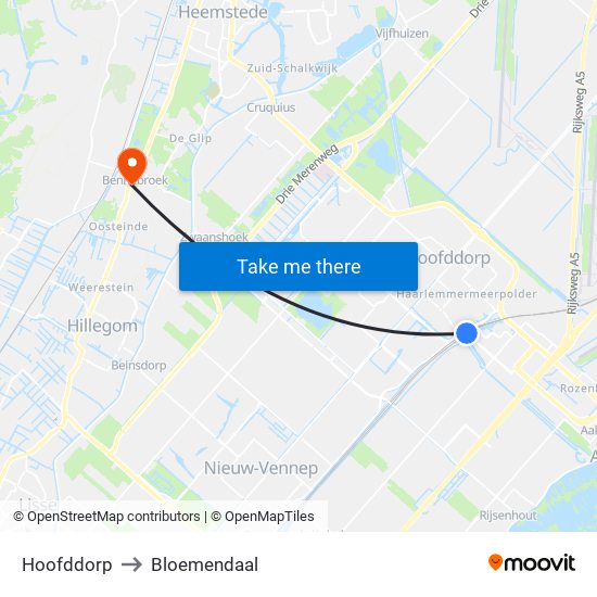 Hoofddorp to Bloemendaal map