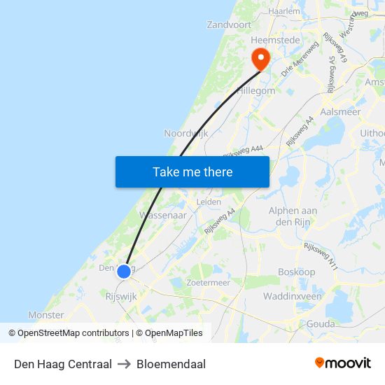 Den Haag Centraal to Bloemendaal map