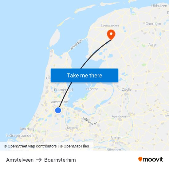 Amstelveen to Boarnsterhim map