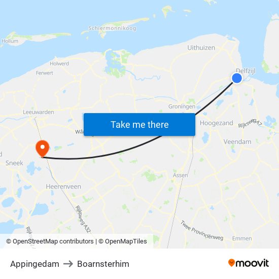 Appingedam to Boarnsterhim map