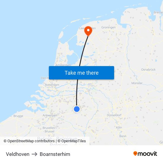 Veldhoven to Boarnsterhim map