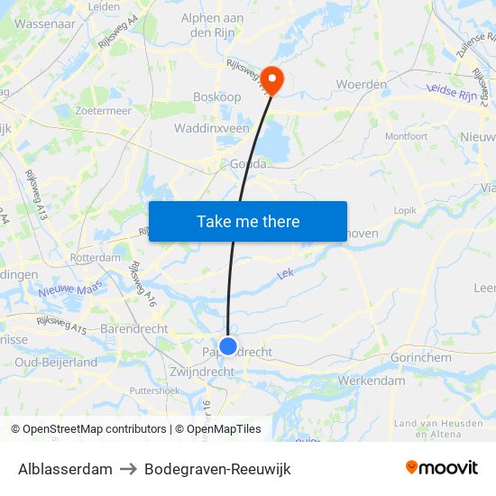 Alblasserdam to Bodegraven-Reeuwijk map