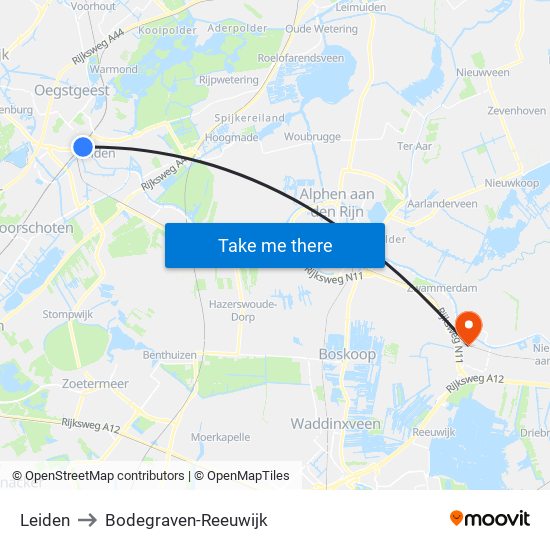 Leiden to Bodegraven-Reeuwijk map