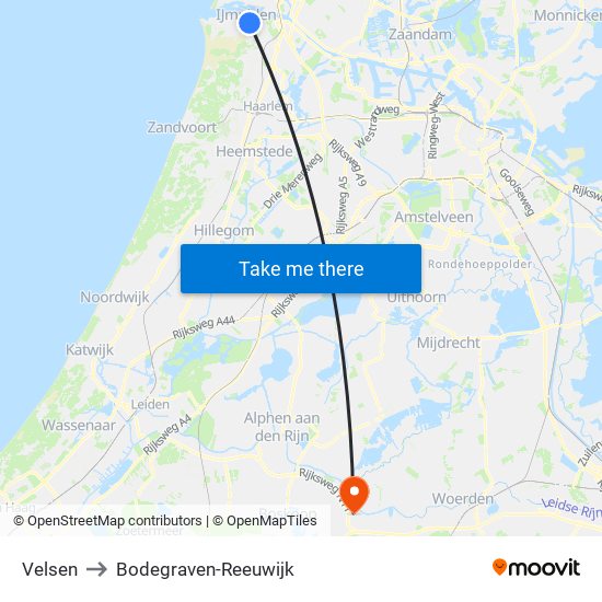 Velsen to Bodegraven-Reeuwijk map