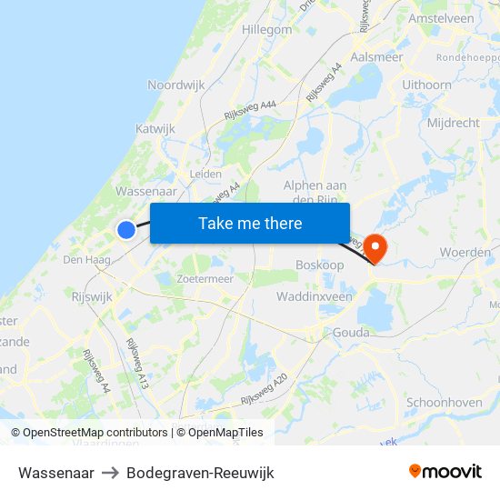 Wassenaar to Bodegraven-Reeuwijk map