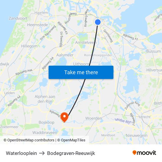 Waterlooplein to Bodegraven-Reeuwijk map