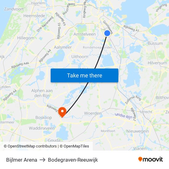 Bijlmer Arena to Bodegraven-Reeuwijk map