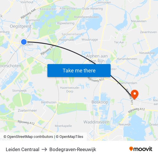 Leiden Centraal to Bodegraven-Reeuwijk map