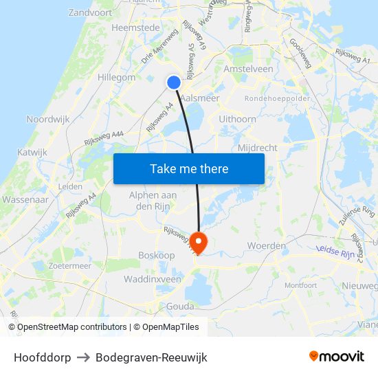 Hoofddorp to Bodegraven-Reeuwijk map