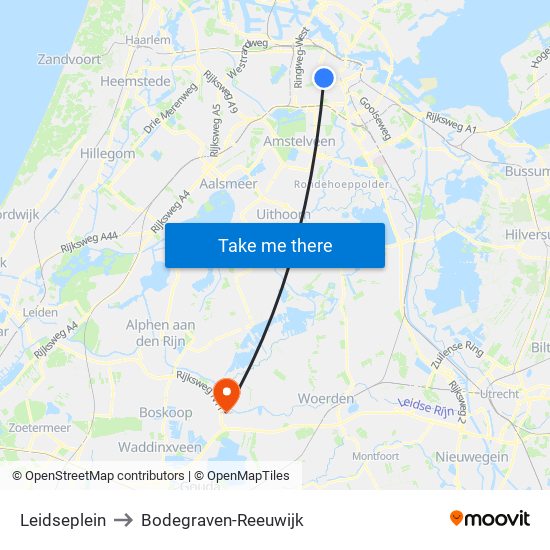 Leidseplein to Bodegraven-Reeuwijk map