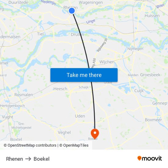 Rhenen to Boekel map