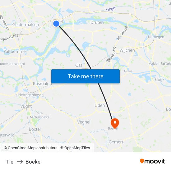 Tiel to Boekel map