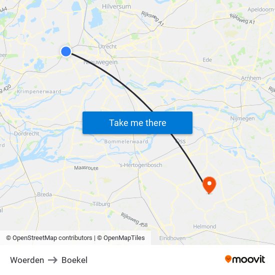 Woerden to Boekel map