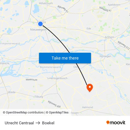 Utrecht Centraal to Boekel map