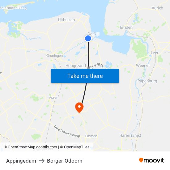 Appingedam to Borger-Odoorn map