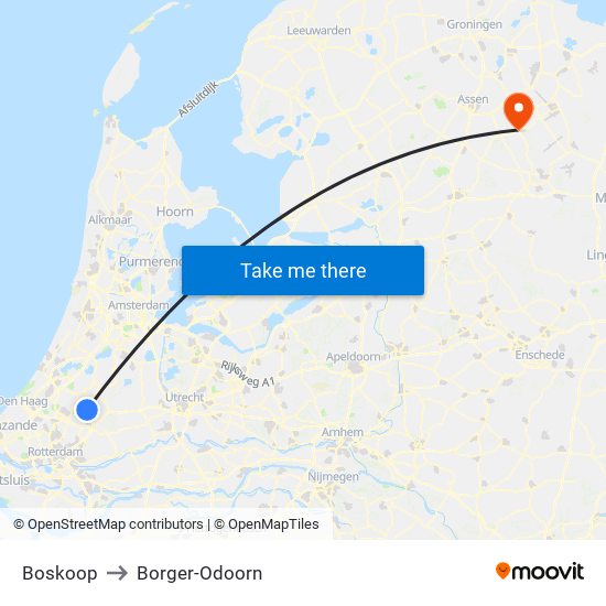 Boskoop to Borger-Odoorn map