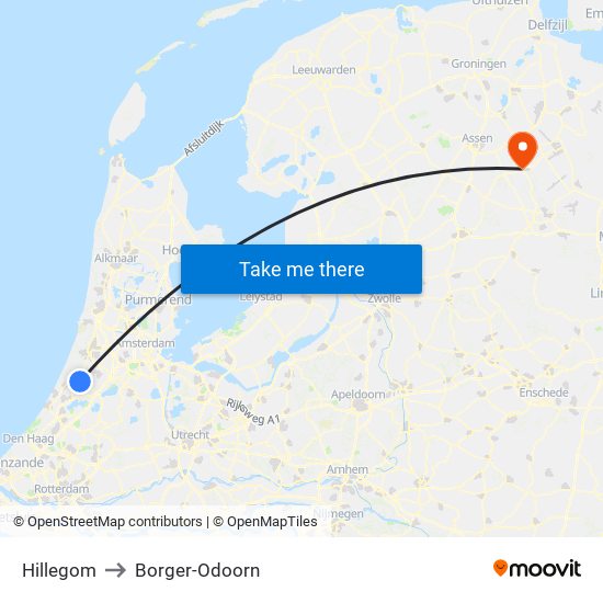 Hillegom to Borger-Odoorn map