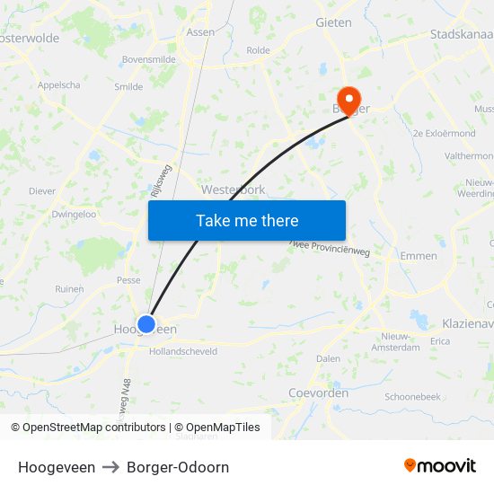 Hoogeveen to Borger-Odoorn map