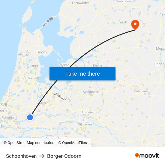 Schoonhoven to Borger-Odoorn map