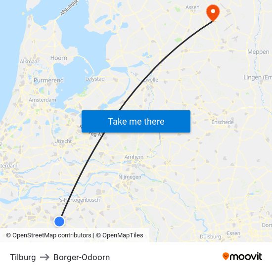 Tilburg to Borger-Odoorn map