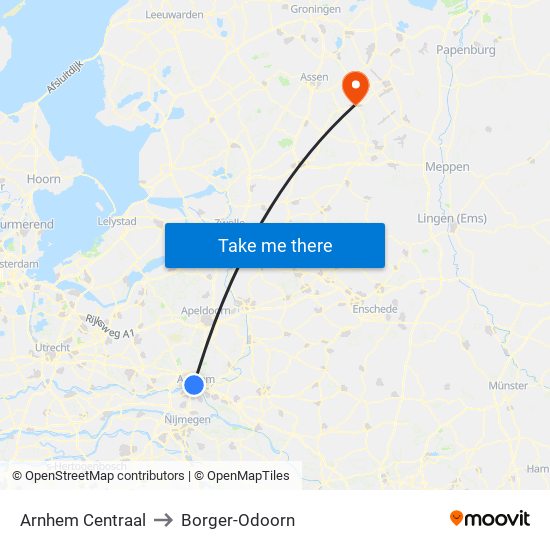 Arnhem Centraal to Borger-Odoorn map