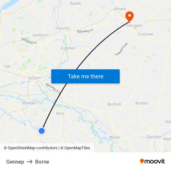 Gennep to Borne map