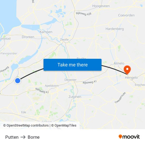 Putten to Borne map