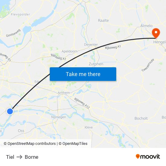 Tiel to Borne map