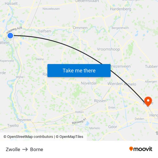 Zwolle to Borne map