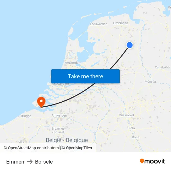Emmen to Borsele map