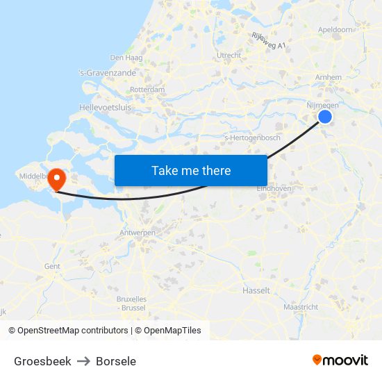 Groesbeek to Borsele map