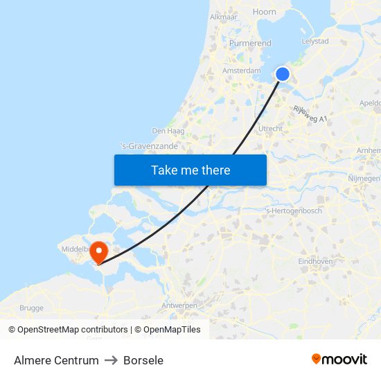 Almere Centrum to Borsele map