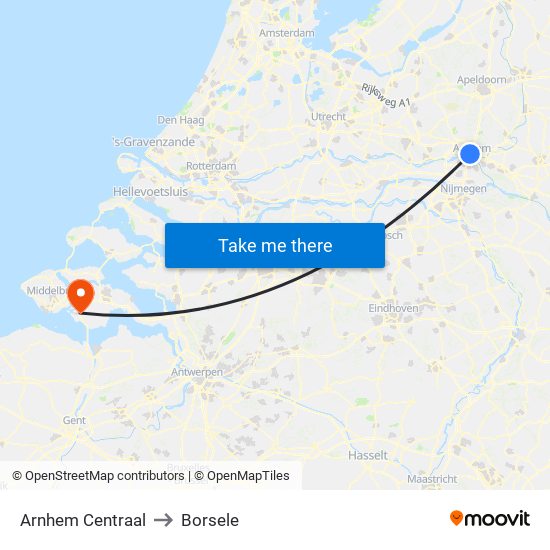 Arnhem Centraal to Borsele map