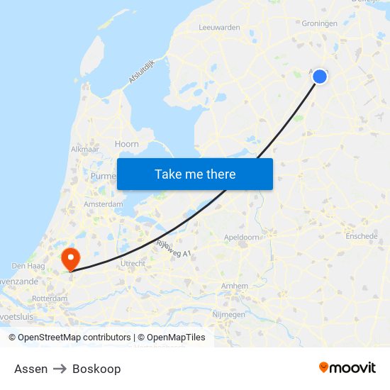 Assen to Boskoop map