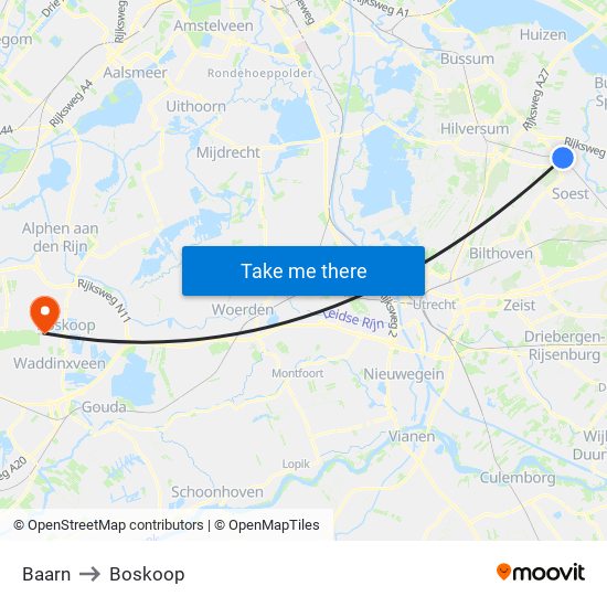 Baarn to Boskoop map