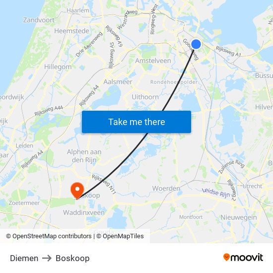 Diemen to Boskoop map