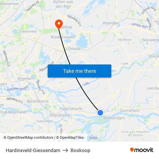 Hardinxveld-Giessendam to Boskoop map