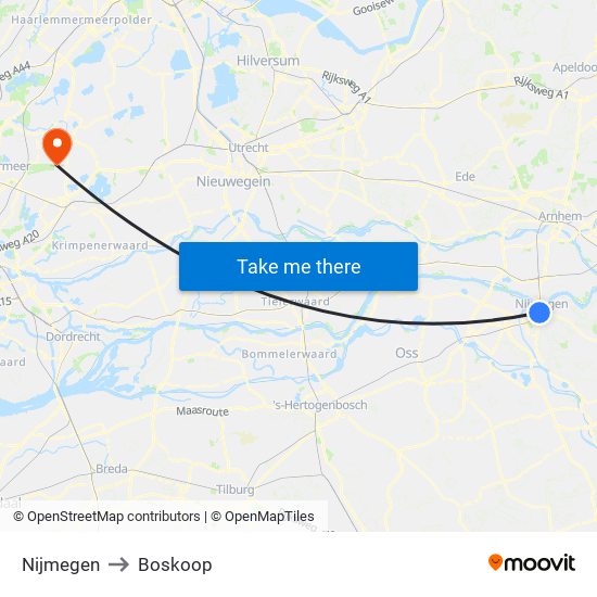 Nijmegen to Boskoop map