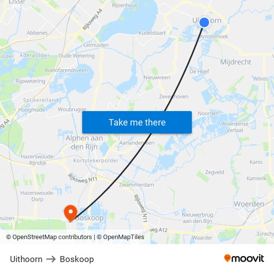 Uithoorn to Boskoop map