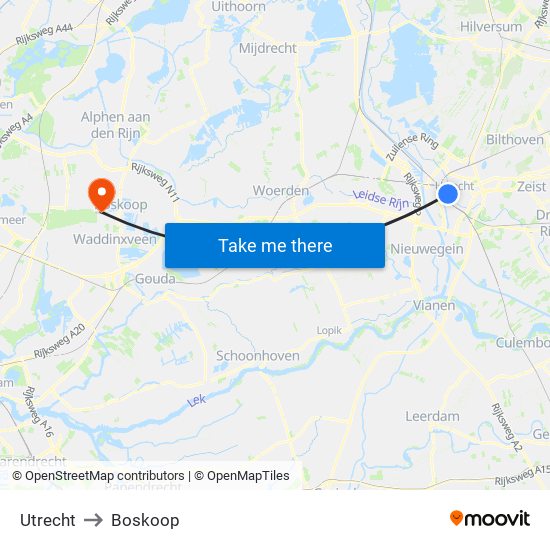 Utrecht to Boskoop map